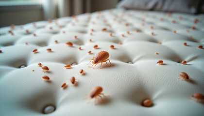 Obraz premium Close-up view of a mattress infested with numerous detailed dust mites in soft natural lighting