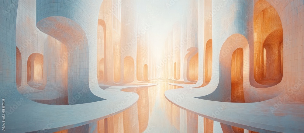 Poster abstract architectural rendering of a futuristic, light-filled structure with smooth curves and refl