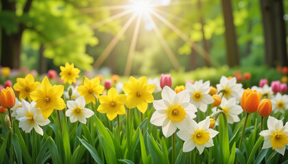Vibrant spring garden filled with blooming tulips and daffodils illuminated by soft sunlight