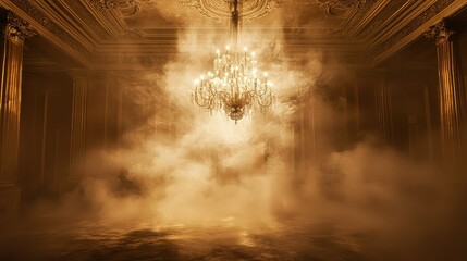Dramatic Interior of an Opulent Room with Chandelier and Fog