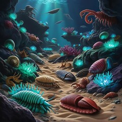 An ancient seabed teeming with bizarre Cambrian creatures like trilobites, Opabinia, and Anomalocaris, illuminated by bioluminescent coral.