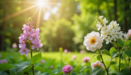 Obraz premium Blooming spring garden scene featuring vibrant roses and lilacs, bathed in soft sunlight