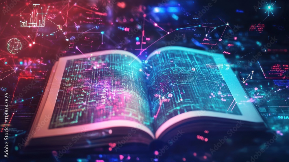 Poster open book glowing with digital data and connections.