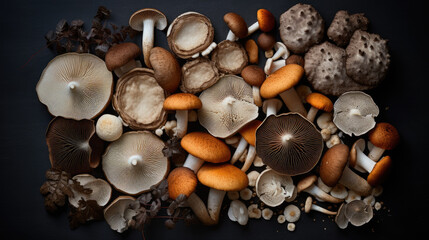 Fototapeta premium Diverse Assortment of Mushrooms on Dark Surface