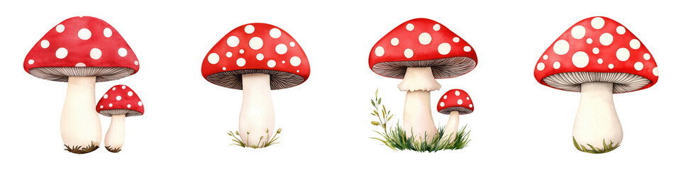 Playful Pastel Red Mushrooms with Polka Dots Collection, Perfect for Cute Designs or Whimsical Artwork, Ideal for Children&rsquo;s Themes and Creative Projects