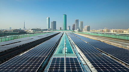 Rooftop solar panels in modern city, sustainable energy