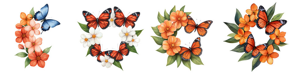 Obraz premium Colorful Arrangement of Radiant Butterflies and Blossoms Forming a Spiral Design, Captivating Nature Aesthetic for Creative Projects and Digital Art