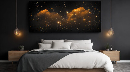 Celestial Dreams: A captivating canvas featuring a cosmic landscape of swirling clouds and shimmering stars against a backdrop of deep black, hangs above a pristine bed.