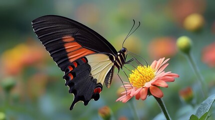 Closeup of a Striking Butterfly with Orange and Black Wings Feeding on a Vibrant Flower