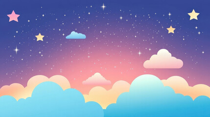 Pastel Dreamscape: A whimsical illustration of a dreamy night sky filled with pastel clouds, twinkling stars, and a soft, colorful sunset. Perfect for children's themes, dreamy backgrounds.