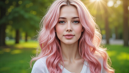 Naklejka premium Girl with pastel pink hair in park, soft natural light illuminating her calm demeanor