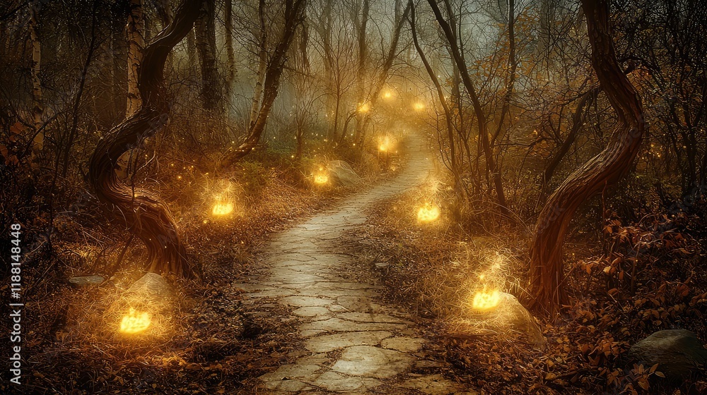 Poster enchanted forest path with glowing lanterns and mystical atmosphere