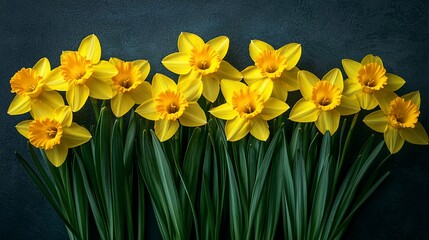 Obraz premium Eight yellow daffodils in a row against a dark background.
