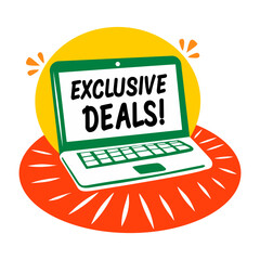 A flat sticker of a laptop with exclusive deals typography 
