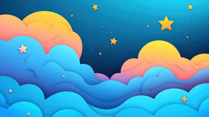Dreamy Night Sky: A whimsical illustration of a night sky filled with fluffy clouds, sparkling stars, and a warm, inviting moon, crafted in a charming paper cut-out style.  