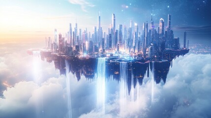 Obraz premium Futuristic city floating on clouds with waterfalls.