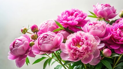 Obraz premium Vibrant pink peonies in full bloom against a soft white background with delicate greenery