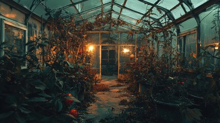 Abandoned Greenhouse with Overgrown Plants and Soft Lighting