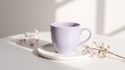 A Lavender Mug Rests on a White Saucer, Bathed in Sunlight, with Delicate Blossoms Beside it.