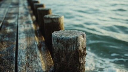 Fototapeta premium Weathered wooden pier posts beside ocean waves.