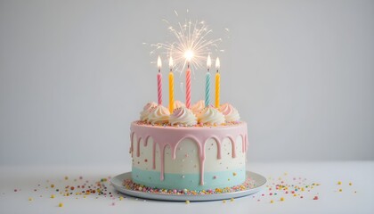 charming pastel birthday cake with a glowing sparkler and candles on a white background