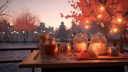 Winter market in January with hot drinks and cozy lights, golden hour lighting, light background with space on the left side of the frame,generative ai illustration