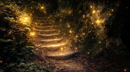 Enchanted Forest Pathway with Glowing Lights and Mystical Vibes