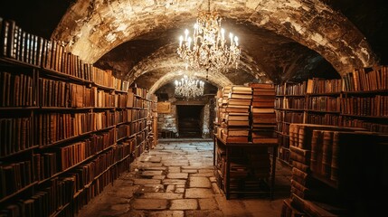 Ancient Library Interior with Stone Walls and Chandelier Lighting