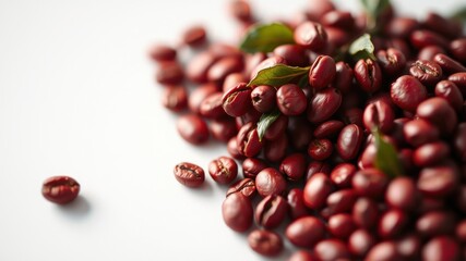 A close-up view of red coffee beans, scattered on a white surface, with a few green leaves peeking out from the pile