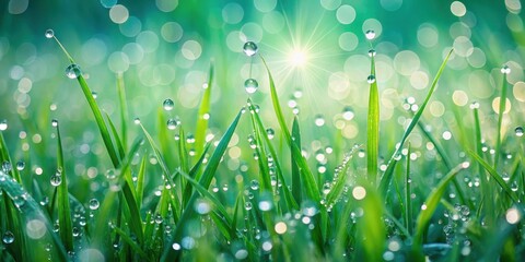 Fototapeta premium Emerald green grass with delicate morning dew droplets glistening on its surface, creating a serene and peaceful atmosphere , tranquility, nature