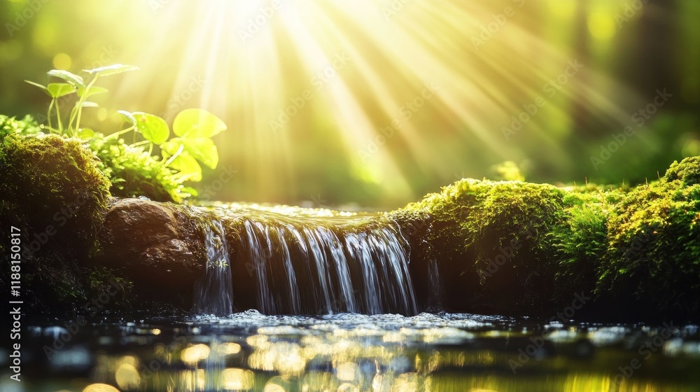 Poster sunbeams illuminate a serene waterfall cascading over moss-covered rocks into a tranquil pool.
