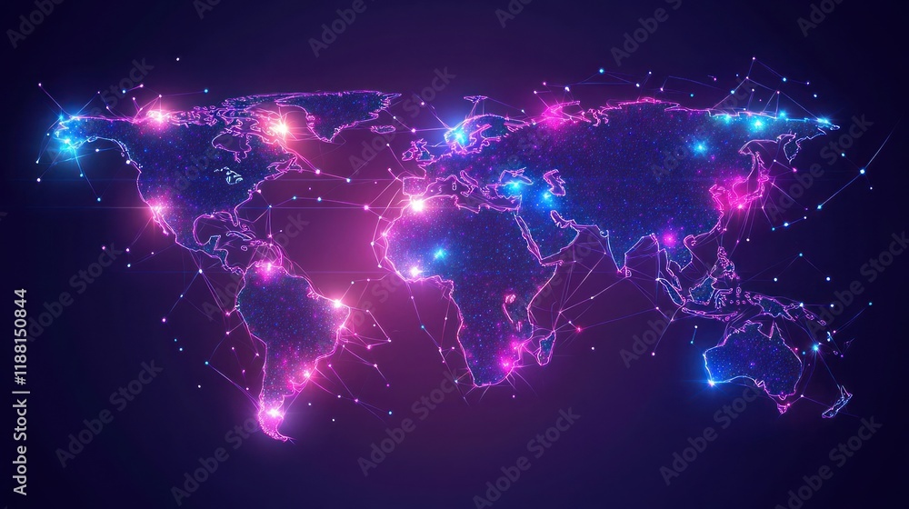 Poster glowing polygonal world map with connections.