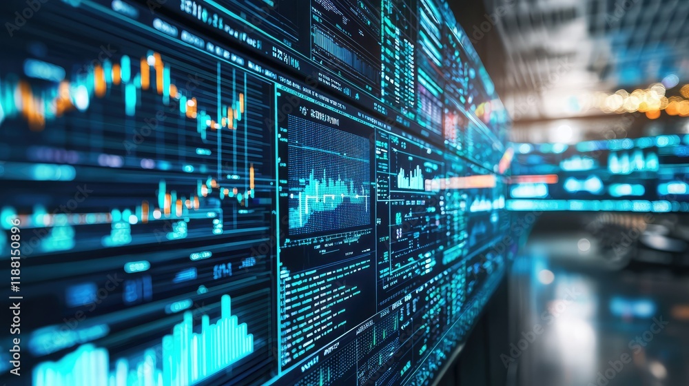 Poster futuristic data visualization with graphs and analytics in office