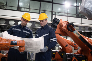 Two Caucasian engineer use paper work with robot arm