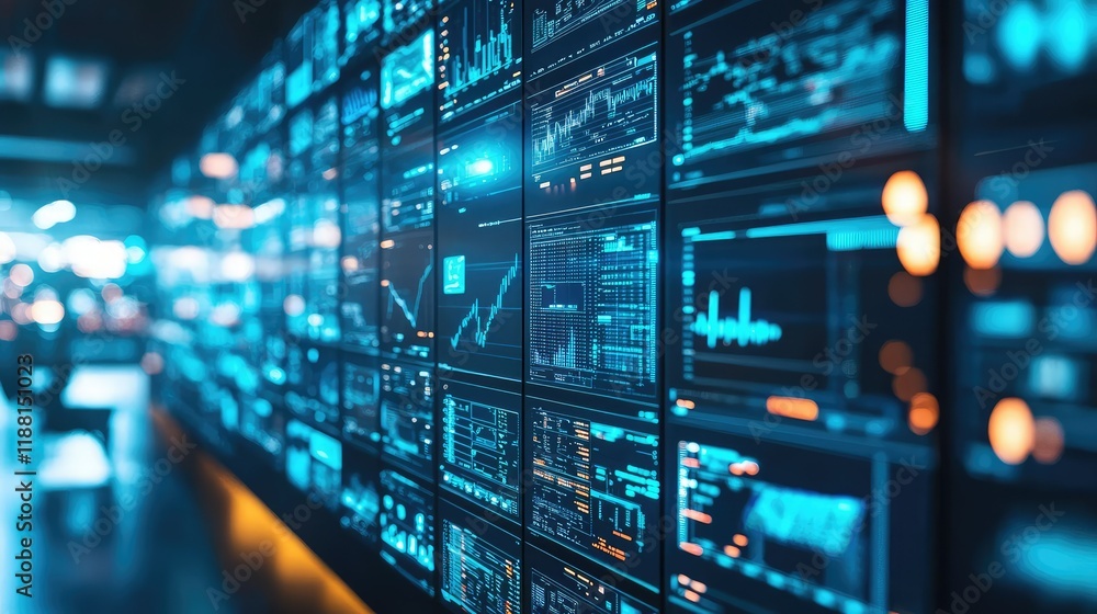 Poster futuristic digital data display with graphs and analytics visuals
