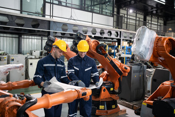 Two Caucasian engineer use paper work with robot arm