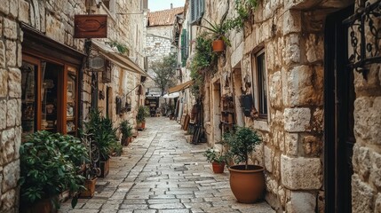 Obraz premium Charming Narrow Stone Alleyway with Plants and Rustic Decor