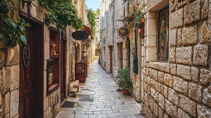 Obraz premium Quaint Stone Alleyway in Historic Village with Lush Greenery