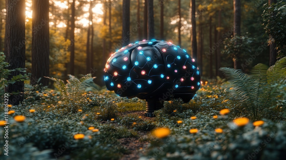 Poster illuminated brain model in a forest setting at sunset.