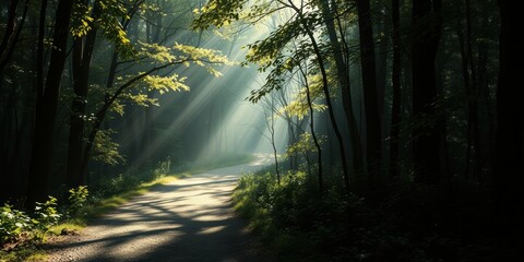 Fototapeta premium A Forest Path Bathed in the Golden Light of Dawn, As Sunbeams Pierce Through the Canopy, Casting Long Shadows On the Winding Road