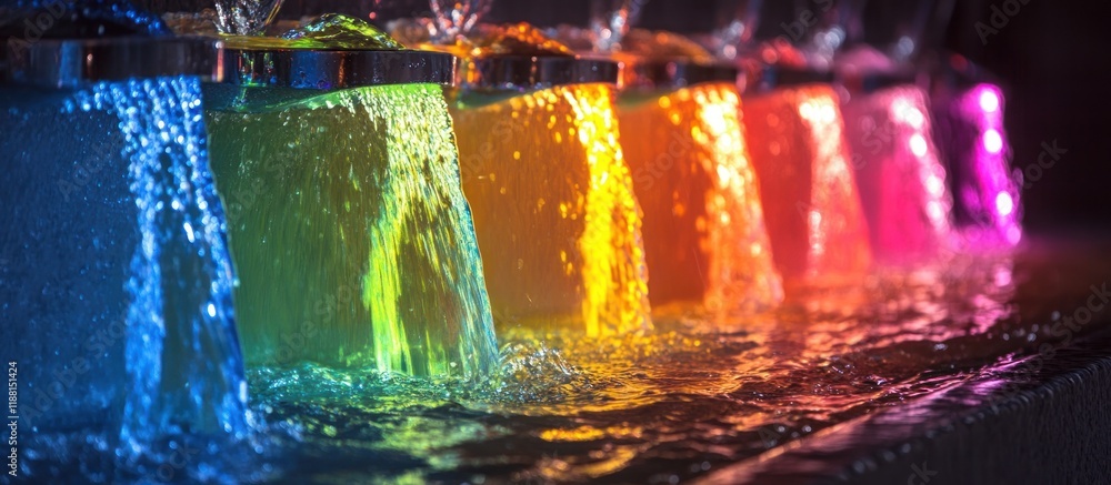 Poster colorful illuminated water streams cascading into a pool.