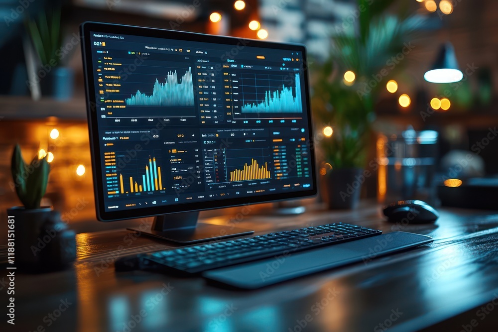 Poster night trading desk setup: stock market data displayed on a computer screen