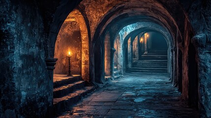 Obraz premium Mysterious Stone Tunnel with Candles in an Ancient Underground Cave