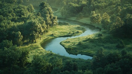 Serene River Winding Through Lush Green Forest: A Peaceful Landscape