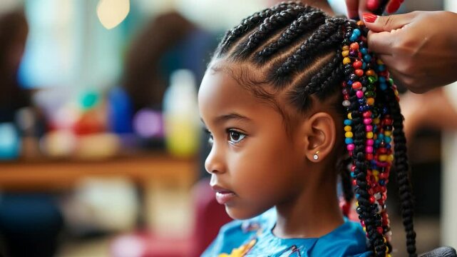 stylist carefully braiding a young girl's hair with colorful beads in a professional salon, highlighting a beautiful cultural hair art form. Video made using Generative AI