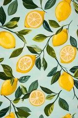 Vibrant lemon pattern with leaves on teal background.