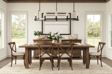 Farmhouse Dining Room With Wooden Table And Chairs