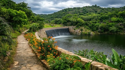 Fototapeta premium Scenic Waterfall Surrounded by Lush Greenery and Vibrant Flowers