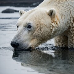 Fototapeta premium A polar bear looking at its reflection in the water on a white background.