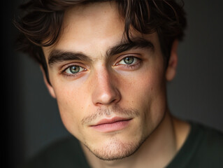 Fototapeta premium Portrait of Young Man with Intense Gaze and Dark Hair in Natural Light
